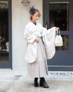 ブーツでレトロな着物コーデ