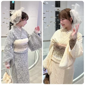 水色レース着物とアイボリーレース着物をおしゃれ小物と合わせてコーディネート
